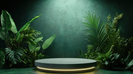 A stunning green backdrop with vibrant foliage surrounds a circular stage illuminated by soft lighting, perfect for presentations or artistic performances in nature.