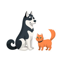 Alaskan Malamute dog with red cat Cartoon illustration. Happy Husky dog is sitting with cat. Pet shop, vet clinic characters. Vector illustration. Traveling with pets concept. Flat design