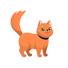 Red cat Cartoon illustration. Happy kitten with collar. Vector illustration. Traveling with pets concept. Flat design. Pet shop, vet clinic character, mascot.