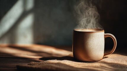 Steaming Hot Cup of Coffee on Wooden Table