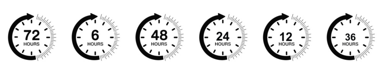 Hour Timer Icon Set – 6, 12, 24, 48, 72 Hour Countdown Clock Symbols for Delivery, Warranty, and Time. 6, 12, 24, 48, 72 Hours Clock Arrow. Transparent Background