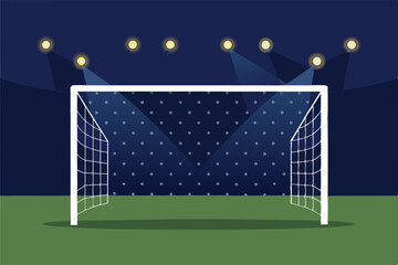 Night Football Goal Illuminated Soccer Net under Stadium Lights