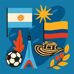 Argentina and Colombia cultural icons collage with flags, sun, football, hat, and coffee branch