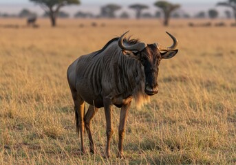 A close-up portrait of a wildebeest in the Serengeti, showcasing its rugged features and powerful presence against the wild African plains.