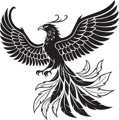 Obraz premium Silhouette phoenix rising with flaming tail and large wings, bold black layout suitable for icons, tattoos, and mythical style
