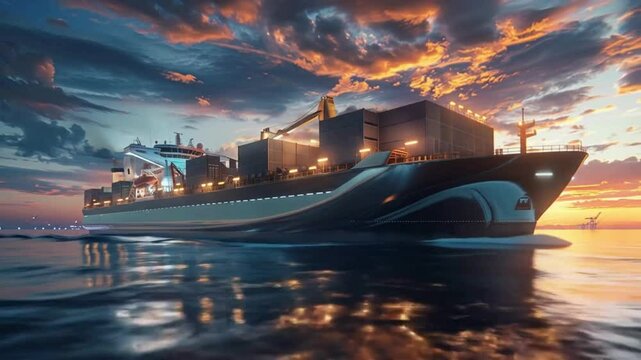 Futuristic cargo container ship with digital network overlay illustrating smart global logistics technology on ocean route in shipping industry