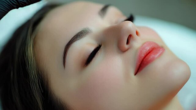 A woman sitting in a beauty salon having her eyebrows shaped and groomed