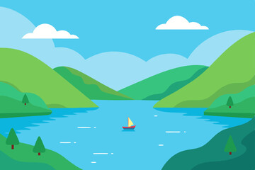 Obraz premium Serene Lake Landscape A Tranquil Scene of Mountains, Water, and Sailboat