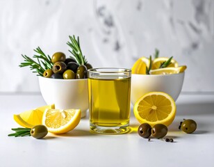 A glass of lemon oil between two bowls with rosemary and lemon slices and olives