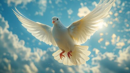 Obraz premium A serene image of a dove soaring through the sky, symbolizing peace and freedom, with its wings spread gracefully against a backdrop of soft clouds.