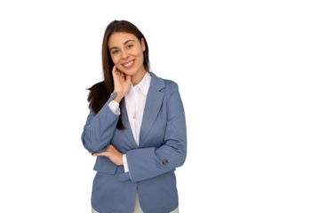 Professional businesswoman wearing blue suit touching face softly, conveying confidence and warmth against clean transparent backdrop