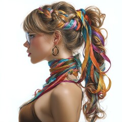 Naklejka premium Woman with braided hair and colorful ribbons in a high ponytail hairstyle fashion beauty portrait style