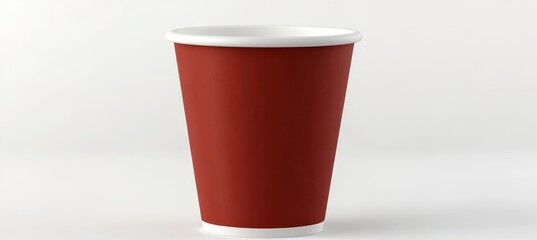 Red paper cup isolated on a white background, showcasing a simple coffee container design and style.