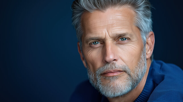 Mature man with gray hair and beard posing against dark background