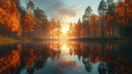 Autumn forest landscape with calm lake reflecting sunrise  