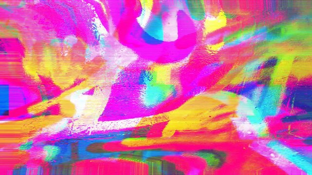 4k seamless loop animation of Vibrant glitch art pattern in neon pink, blue, yellow. 90s, 80s, Y2K style, distorted liquid background, psychedelic glow. Digital art, screen saver, Gan Z banners design