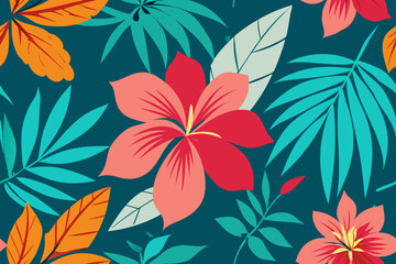 Vibrant Tropical Floral Seamless Pattern Exotic Hibiscus and Lush Leaves Design