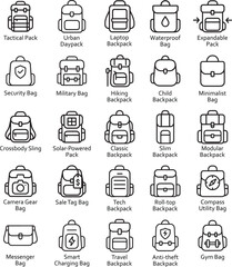 Backpack Icons Vector Set: Line Art on White.