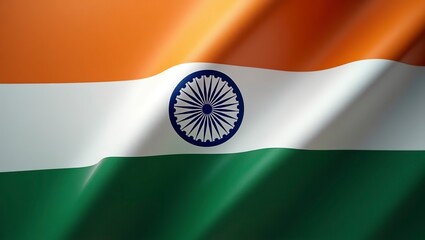 Indian flag with a tricolor background of green, white and orange in a close up shot. The Indian flag has a three colored background with India in the center of it.