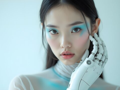 Female model with robotic prosthetic hand and pearlescent sea-inspired makeup, futuristic beauty concept, minimal background, cyber fashion, elegance meets advanced technology.