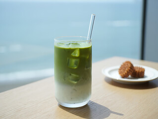 Matcha Latte and Cookie Overlooking Coastal Scenery
