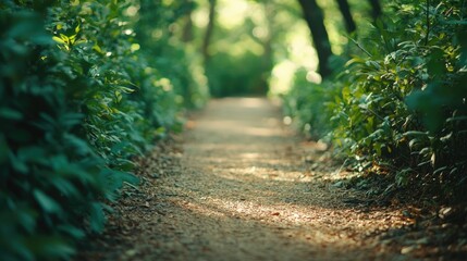 A serene forest path blanketed in warm filtered sunlight inviting and a sense of positivity through the lush verdant foliage and natural scenery