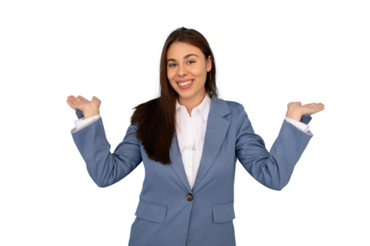 Studio shot of a cheerful businesswoman gesturing with open hands, presenting or showing something on a transparent background