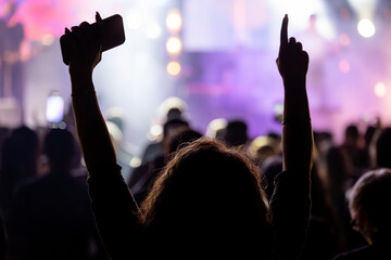 The audience gets excited and cheers with their arms raised during the concert of the musical band that performs on stage.