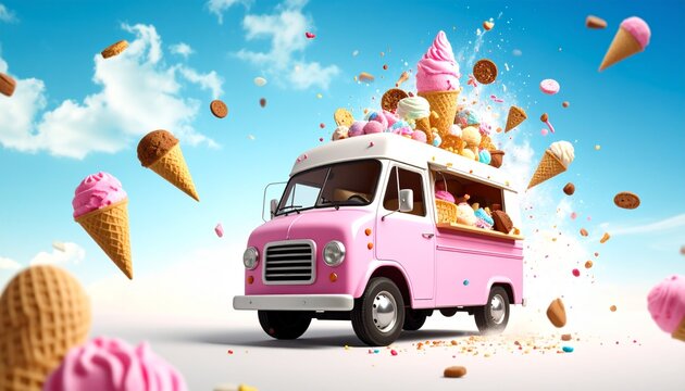 Exploding Ice Cream Truck in Mid-Air with Colorful Dessert Burst &ndash; Surreal Summer Fantasy Concept