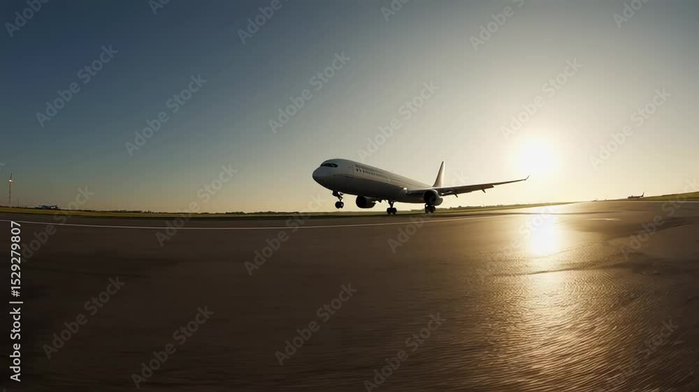 Poster passenger airplane descending on airport runway during golden hour, catching warm sunset light while