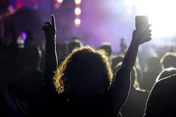 The audience gets excited and cheers with their arms raised during the concert of the musical band that performs on stage.