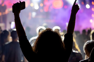 The audience gets excited and cheers with their arms raised during the concert of the musical band that performs on stage.