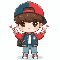 cute boy cartoon vector with baseball jacket and peace hand on