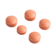 Obraz premium Five Round Orange Tablets, Medicine, Pills, Pharmacy, Healthcare, Dosage, Treatment, Medication, Dru