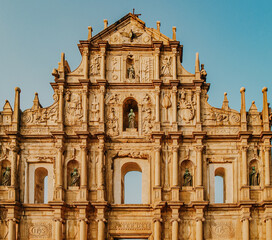 Historic Facade Of The Ruins Of St. Pauls In Macau: Ornate Stone Architecture With Religious...