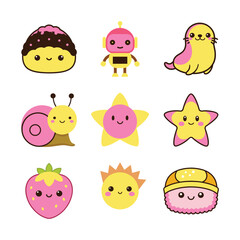Adorable Kawaii Characters Cute Robot, Animals, and Food Illustrations