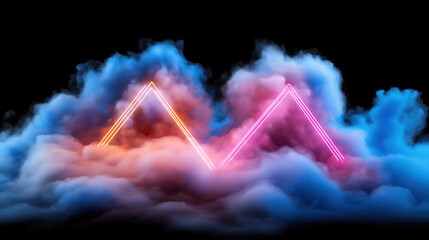 Bright neon triangles emerge from colorful mist during night time