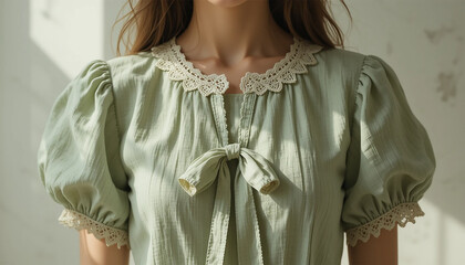 A woman in a green blouse featuring a delicate lace collar, smiling softly at the camera