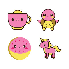 Adorable Kawaii Characters Cute Cup, Turtle, Watermelon, and Unicorn Illustrations