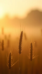 Golden grain stalks glistening under soft drizzle in a foggy rural scene.