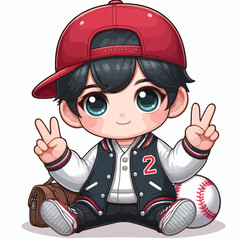 cute boy cartoon vector with baseball jacket and peace hand on