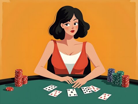 Woman playing poker card game with chips and cards on table illustration in orange and green color scheme