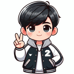 cute boy cartoon vector with baseball jacket and peace hand on