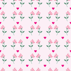 Sweet seamless pattern of tiny pastel flowers on a soft pink background with subtle straight lines. Created from vector artwork, this cute floral design is perfect for fabric, wallpapers, wrapping pap