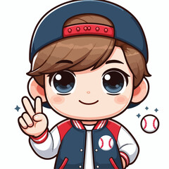 cute boy cartoon vector with baseball jacket and peace hand on