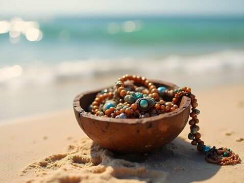 Bohemian jewelry in coconut bowl on sandy beach