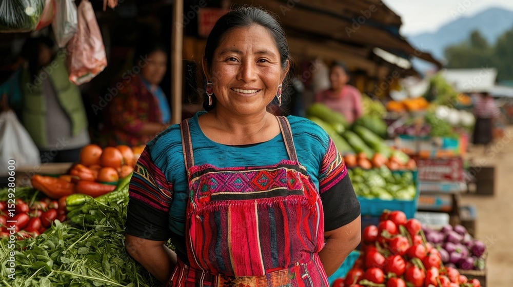 Poster cheerful and lively farmer s market with smiling vendors displaying a variety of fresh local produce