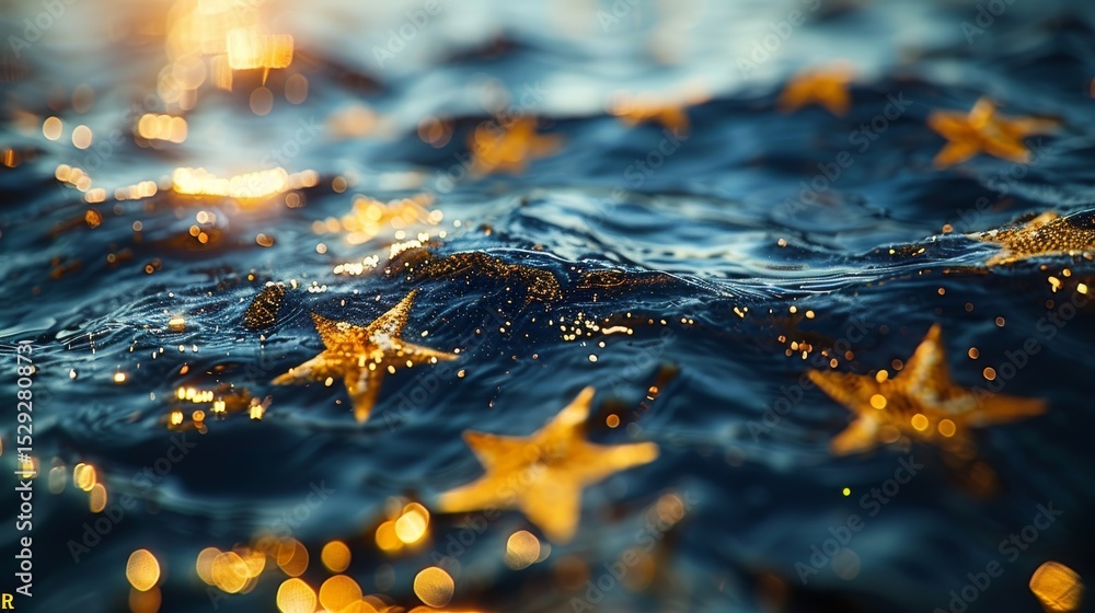 Poster a serene image of sparkling water embellished with golden star reflections, creating an enchanting a