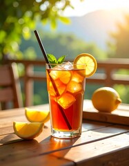 Refreshing iced tea with lemon on a sunny wooden table outdoors