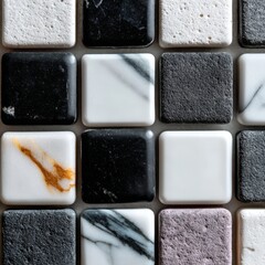 Black and white marble ceramic tiles with flat matte and glossy finishes in mosaic layout